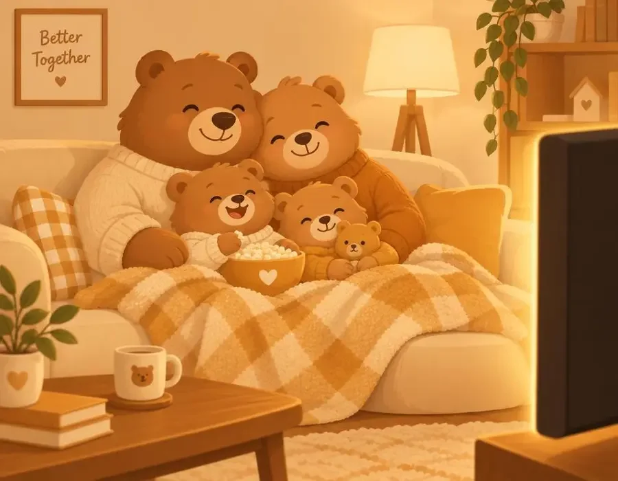短剧网址品牌故事插画：一家人一起看短剧